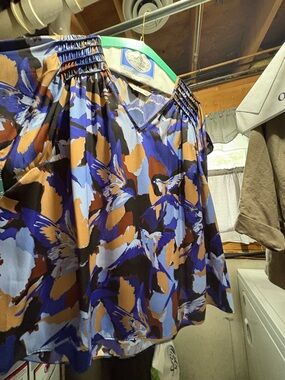 Nine West Blue, Brown & Black Abstract Floral Blouse